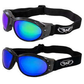 Global Vision Eliminator Padded Motorcycle Riding Goggles 2 Pair Black w/Green & Blue Mirror Lenses