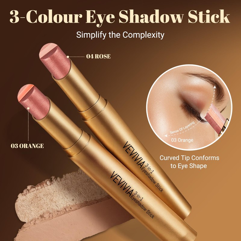 Vevivia 2pcs 3 Color Eyeshadow Stick,Waterproof Glitter Highlighter Stick, Long