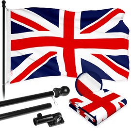 G128 Combo Pack: 6 Ft Aluminum Spinning Flagpole (Black) & United Kingdom UK Flag 3x5 Ft, ToughWeave Series Embroidered 300D Polyester | Pole with Flag Included