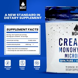 MO4T Premium Creatine Monohydrate Micronized Powder 150G, 5000mg Per Serv (5g) - Micronized Creatine Monohydrate, 30 Servings, 5.3 Ounces
