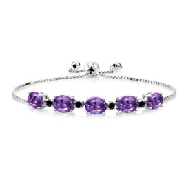 Gem Stone King 6.01 Ct Oval Purple Amethyst Black Diamond 925 Sterling Silver Bracelet For Women