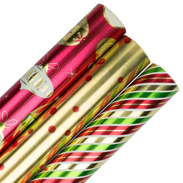 JAM PAPER Assorted Gift Wrap - Christmas Foil Wrapping Paper - 75 Sq Ft Total - Christmastime Set - 3 Rolls/Pack