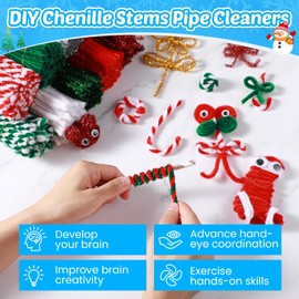 Jenaai 700 Pcs Christmas Pipe Cleaners Craft Set DIY Glitter Chenille Stem Bulk Set Including 600 Pcs Pipe Cleaner and 100 Pcs 95 Adhesive Wiggle Eye for Art Supplies Christmas Craft Decoration