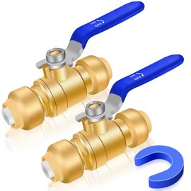 Push Fit Ball Valve, 2pcs 3/4 Inch x 3/4 Inch Push-to-Connect Water Shut Off Valve with 1 Disconnect Clip, Brass Plumbing Water Valve, Pex Push Ball Valve, Used for PEX or PVC Tubing or Copper Pipes
