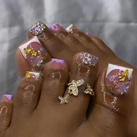 GlamRays Pack of 24 French Lace Stickers Toenails Short Square False Toenails with Golden Butterfly Design Toenails for Women