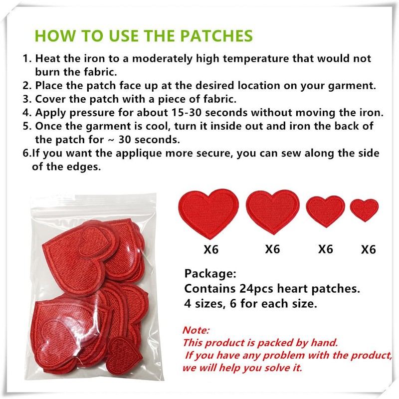 Zlettery 24pcs Red Heart Iron on Patches, Heart Embroidered Patches
