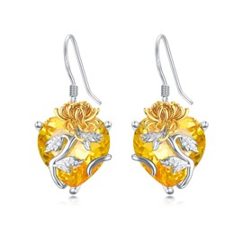 TOUPOP November Birth Flower Earrings Chrysanthemum Earrings Sterling Silver Floral Dangle Drop Hooks Earrings with Heart Birthstone Birthday Jewelry Gifts for Women