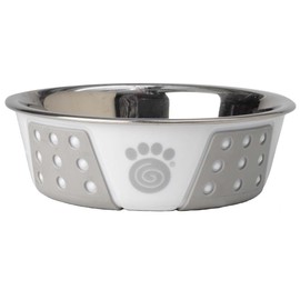 PetRageous 13094 Fiji Stainless Steel Non-Slip Dishwasher Safe Dog Bowl 1.75-Cup Capacity 5.5-inch Diameter 1.75-inch Tall for Small and Medium Size Dogs and Cats, White and Light Gray