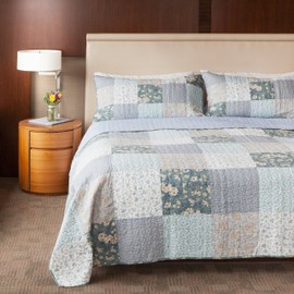SLPR Wildflowers 3-Piece Patchwork Cotton Bedding Quilt Set - King with 2 Shams | Blue Country Quilted Bedspread