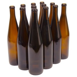 North Mountain Supply 750ml Glass California Hock Wine Bottle Flat-Bottomed Cork Finish - Case of 12 - Amber