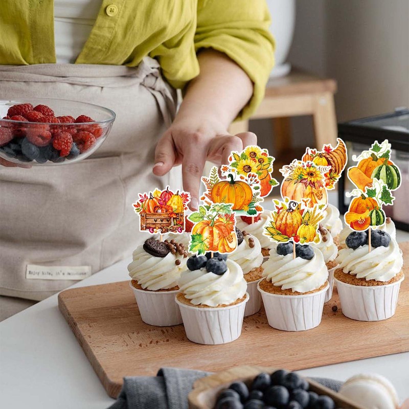 27PCS Pumpkin Cupcake Toppers, Harvest Pumpkin Cake Toppers, Rustic Autumn