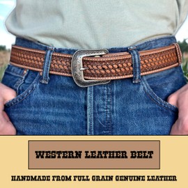 DANIEL'S ARTPLANET Western Belt for Men Full Grain One Piece Leather With Buckle Engraved Handmade Tooled 1.5”, Brown, 46 (fits size 44 jeans)