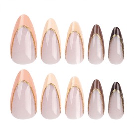 SINHOT Almond Press on Nails Medium Stiletto Fake Nails Yellow Brown Acrylic Nails Glossy Glue on Nails Gold Glitter Artificial Nails French Tip Stick on False Nails with Design 24 pcs