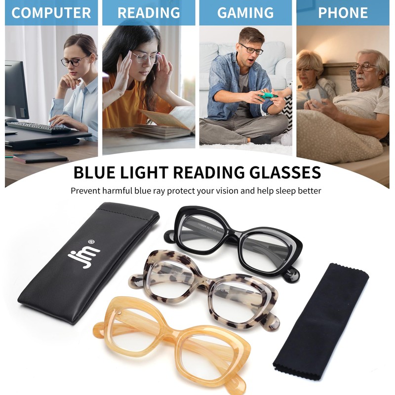 JM 3er-Pack Cateye-Lesebrille, Computerlesegerät mit Blaulichtblockierung für Damen und Herren
