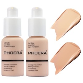 2 Pack PHOERA Foundation,Matte Oil Control Concealer Foundation Cream,PHOERA Long Lasting Waterproof Matte Liquid Foundation for Women Girls (102 Nude+103 Warm peach)