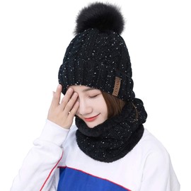 ZEXIAN Womens Girls Winter Warm Pom Knit Ski Beanie Hat and Scarf Set (Black)