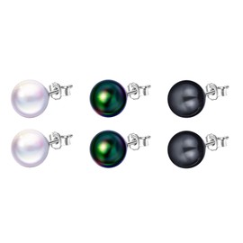 Yumilok 3 Pairs Women's Pearl Stud Earrings Diameter 8 mm White Black Green Nickel-Free Earrings Set for Children Girls, Sterling Silver