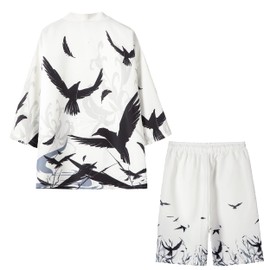 PRIJOUHE Mens Japanese Kimono Coat Suits Loose Open Front Seven Sleeve Kimono Cardigan Jacket with Shorts