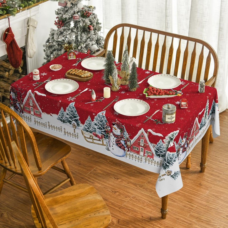 Artoid Mode Red House Trees Snow Snowman Christmas Table Cloth,