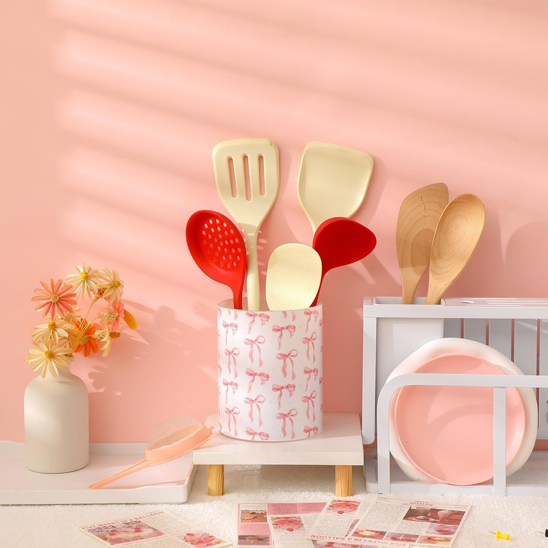 WILLBOND Pink Bow Kitchen Decor Acrylic Kitchen Utensil Holder Crock