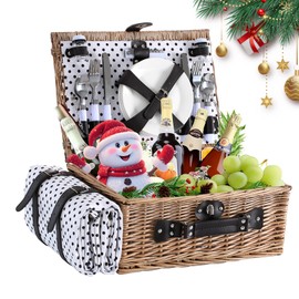 HYBDAMAI Picnic Basket for 4 Persons with Waterproof Picnic Blanket and Insulated Cooler, Large Wicker Picnic Basket for Camping, Outdoors, Valentine's Day, Christmas, Birthday, Wedding Gift