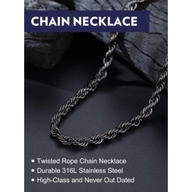 Mens 6MM Rope Chain Necklace 22 Inch Solid Stainless Steel Black Tone Twisted Rolo Chain Fancy Cable Neck Chain for Son Grandson Father Husband BF