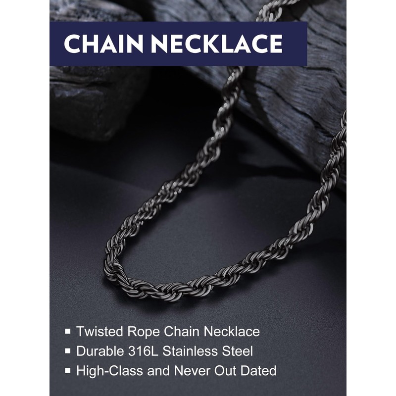 Mens 6MM Rope Chain Necklace 22 Inch Solid Stainless Steel