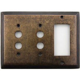 Classic Accents Deco Aged Antique Brass 3 Gang Wall Plate - 2 Push Button Light Switch Openings 1 GFI/Rocker Opening