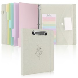 SKYDUE 3 Ring Binder with Clipboard,1 Inch Linen Binder for 3 Hole Punch Letter Size Loose Leaf Paper with 5 Dividers, Pocket and Labels School and Office Supplies- Beige