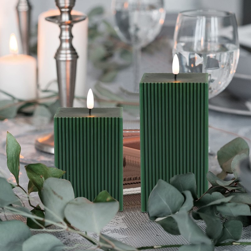 Girimax Dark Green Ribbed Flameless Candles with Remote, Battery Operated