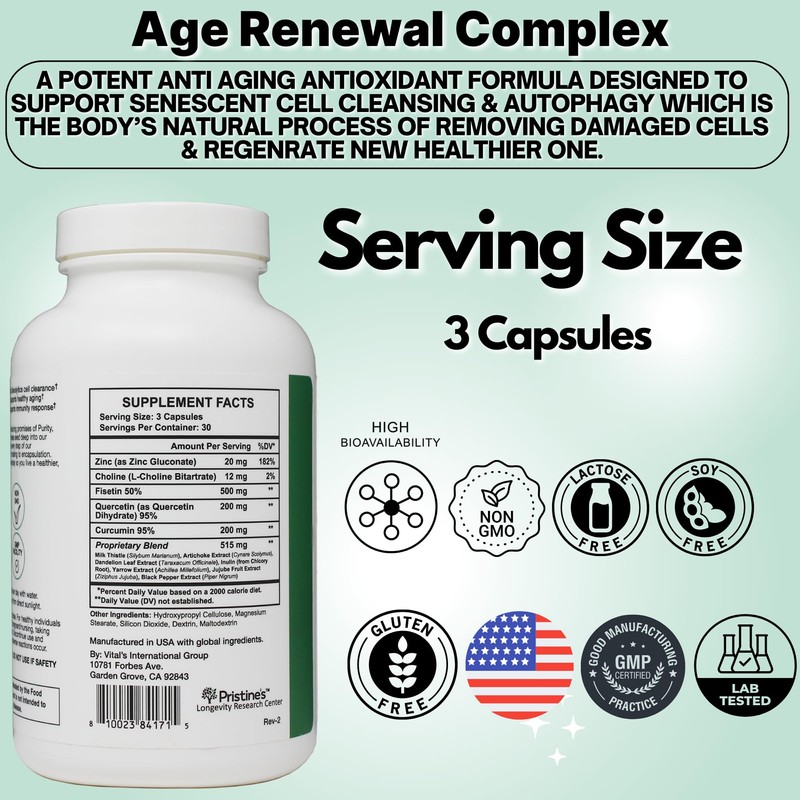 PRISTINE'S Age Renewal & Detox Supplements 90 Capsules 30 Day