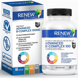 RENEW ACTIVES Vitamin B Complex 100 – 60 Capsules, Supports Energy, Red Blood Cell Formation, Liver Function & Metabolism, 600MCG per Serving, Made in Canada