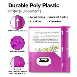 Dunwell 3 Prong Folders with Clear Front Pocket - (6 Vibrant Colors) 2 Pocket Folders with Prongs and Front View Pocket, Plastic Project Folders with Pockets and Prongs, Three Prong Folders, Labels