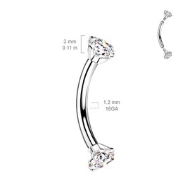 Pierced Owl 16GA G23 Implant Grade Titanium Internally Threaded Prong Set CZ Crystal Ends Cartilage Helix Daith Rook Eyebrow Curved Barbell (Rose Gold Tone/Clear)