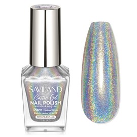 SAVILAND Holographic Nail Polish: Laser Silver Chrome Quick Dry Nail Polish Air Fast Dry Nail Polish Non Gel 0.34 OZ Castor Oil Fingernail Polish Shimmer Glitter Effect Toenail Polish Nail Art Home