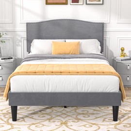 VECELO Twin Bed Frame Platform Bed Frame with Upholstered Headboard, Strong Frame and Wooden Slats Support, Strong Weight Capacity, Non-Slip and Noise-Free, Easy Assembly,Grey