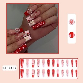SUREGONAILS Press on Nails Long Rhinestone Pink Fake Nails Bow Diamond False Nails Square Bling Glossy 3D Flower False Nail Tips Artificial Nails Finger Manicure for Women and Girls-24pcs