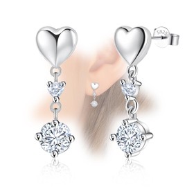 Sterling Sliver Heart Shaped Stud Earrings with with Sparkling Cubic Zirconia Dangle for Women Fashion Lightweight Trendy Hoop Earrings for Women for Sensitive Ears