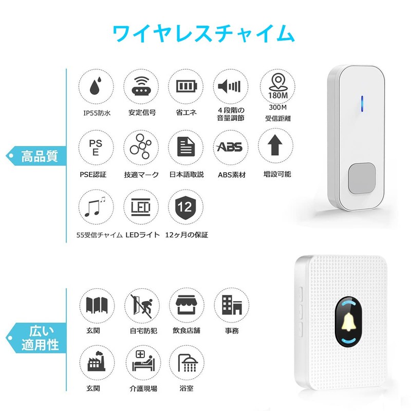 TopYart Wireless Chime, 300m Reception Distance, 55 Ring Tone, LED