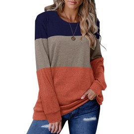 CRAZY GRID Woman Long Sleeve Shirts Women Casual Fall Tunic Tops Color Block Crewneck Sweatshirt Ladies Trendy Soft Long Sleeve T Shirts 2022 Blue Orange X-Large