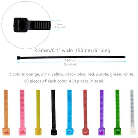 Coloured Cable Ties , Multi-Color Nylon Zip Ties, 150 mm x 2.5 mm, 9 Colors Total 450 Pieces, 50 Pieces Each for Orange, Pink, Yellow, Black, Blue, Red, Purple, Green, and White.