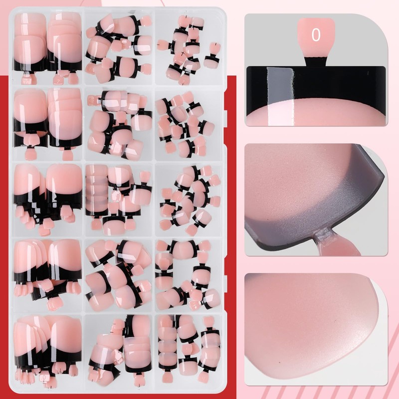 Fake Toe Nail Press ons-Black French Tip Press on Toenails