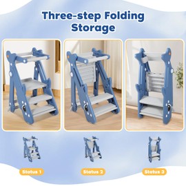 Toddler Learning Tower, Foldable Kids Learning Tower, Adjustable Height Kids Learning Stool for Kitchen, Bathroom, Kids Stool with Non-Slip Foot Pad, Blue