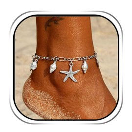 JEWEKY Boho Starfish Anklet Chain Silver Shell Ankle Bracelet Beach Adjustable Foot Accessory Jewelry for Women