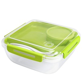 Rotho Memory B3 Lunch Box 1.7 L with Cutlery and Separate Container, Plastic (PP) BPA-Free, Green, 1.7 L (19.5 x 19.5 x 9.1 cm)