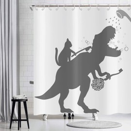 Hnmdmyi Shower Curtain, Funny Cat Help Dinosaur Bath Shower Curtains, Kids' Boys, Silhouette Shadow, Black and White Bathtub Curtain, Waterproof, Polyester Fabric, Washable Bath Curtain, 180 x 200 cm