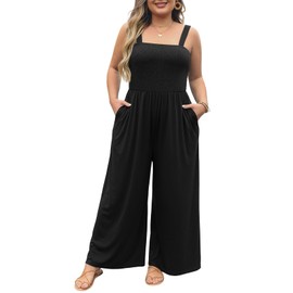Eytino Plus size Jumpsuits for Women Casual Sleeveless Rompers Stretchy Wide Leg Overalls with Pockets,2X Black