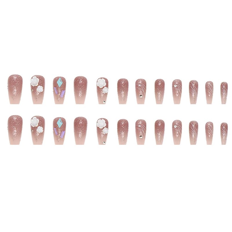 Set of 24 Nail Tips Bud Flower Decoration Line Square