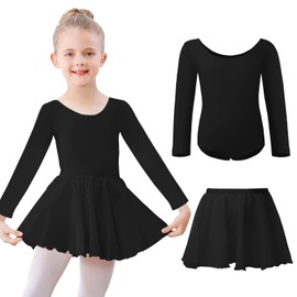 Kefiyis Ballet Leotard for Girls Long Sleeve Ballet Dress Cotton Dance Leotard with Skirt Ballerina Costume Outfit for 3-11 Years Black 130