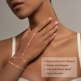 Roheafer Gold Hand Chain Bracelets for Women Trendy 2 Piece Adjustable Finger Ring Bracelet Stack Dainty 14K Gold Plated Layered Satellite Bead Hand Chains